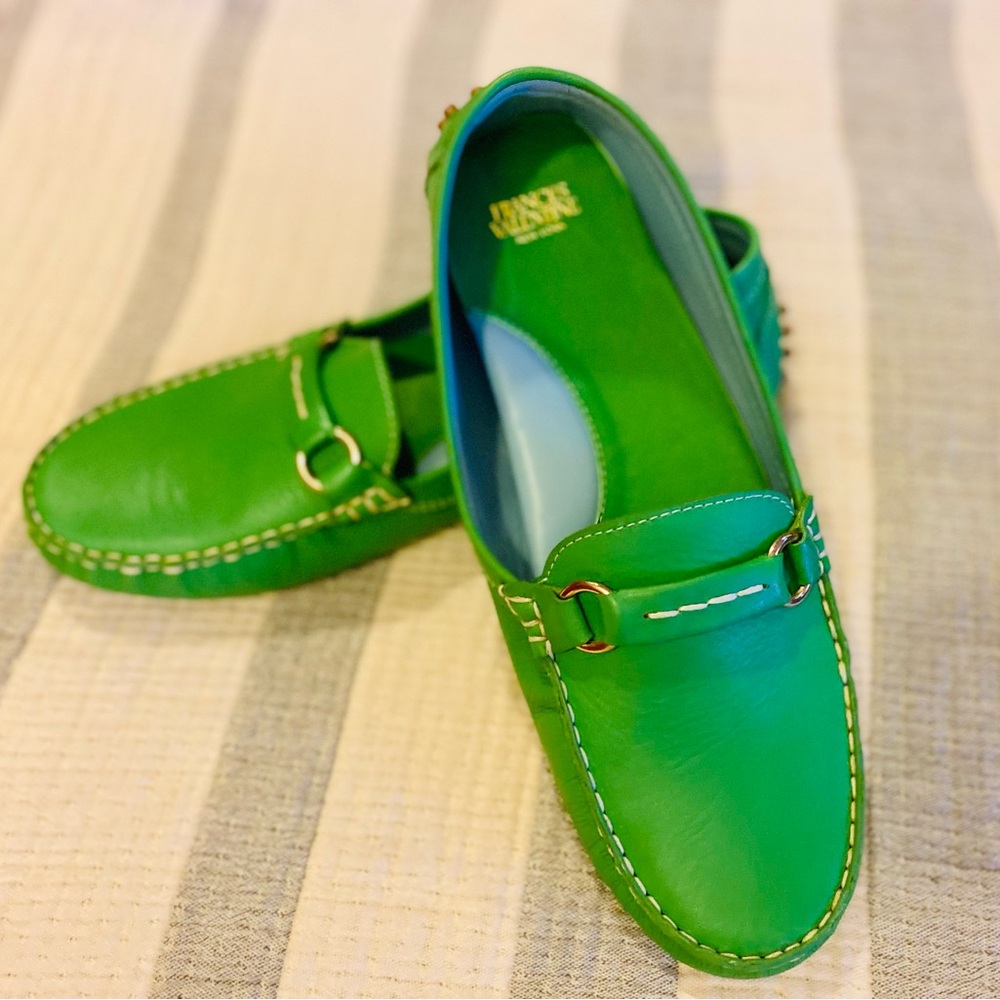 Frances Valentine Green Leather Driving Loafers with Glossy Finish. Size 8